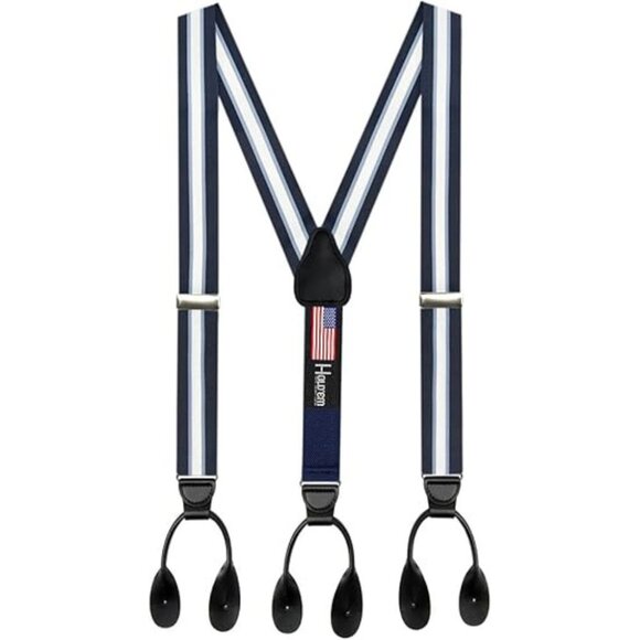 HOLD'EM Men Suspender Y-Back Leather Trimmed Button End Non-Stretch -Navy & Blue - Picture 1 of 7